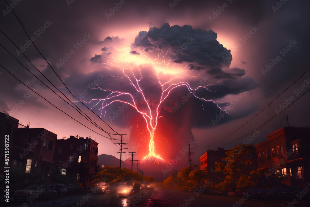 Powerful volcanic eruption with pyroclastic ash column clouds, lightning, rain. City at the foot of the mountain, a threat to the population. Generative AI