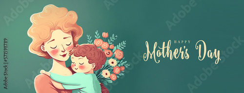 Illustration of mother with her little child, flower in the background. Concept of mothers day, mothers love, relationships between mother and child. Created with Generative AI technology.