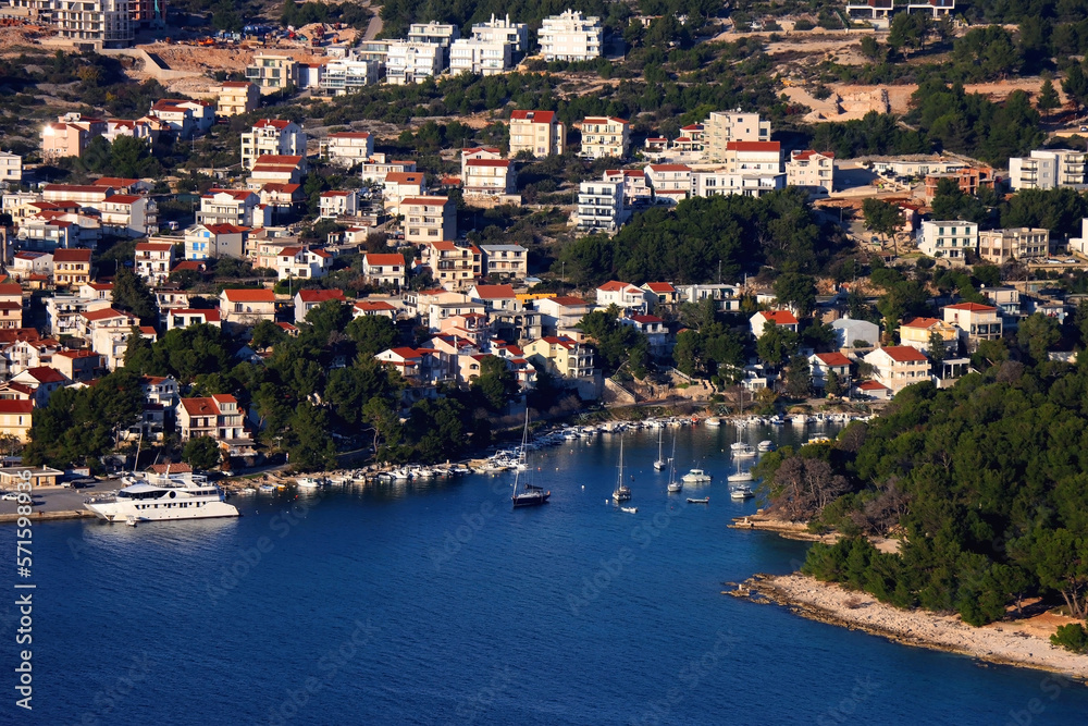 Aerial view of primosten, small and beautiful town in Croatia.