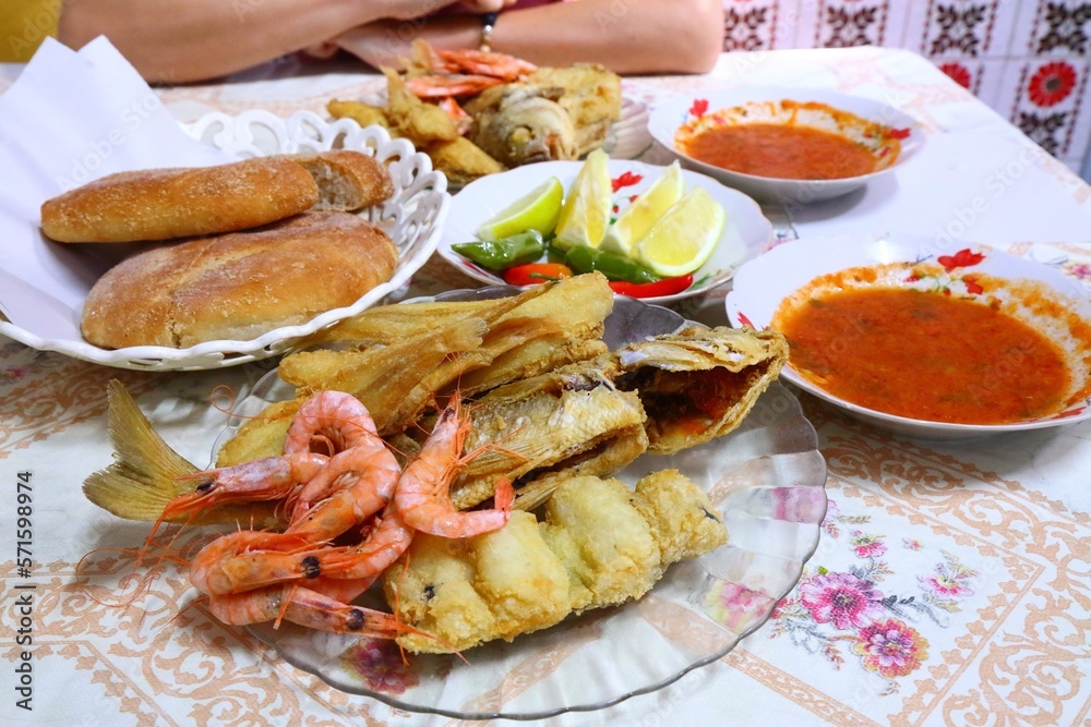 Fried fish mixed lunch in Morocco