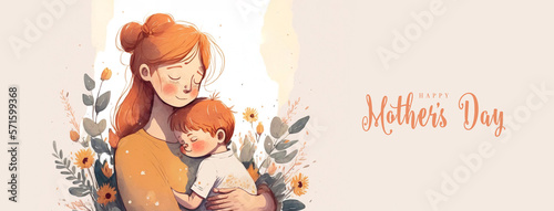 Illustration of mother with her little child, flower in the background. Concept of mothers day, mothers love, relationships between mother and child. Created with Generative AI technology. photo