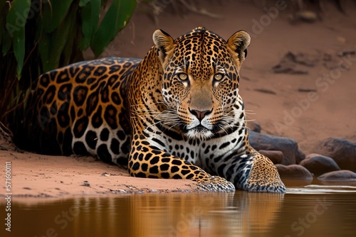 Brazilian South America, Jaguar, Panthera Onca, Female, Cuiaba River, Porto Jofre, Matogrossense Pantanal, Mato Grosso do Sul. Generative AI photo