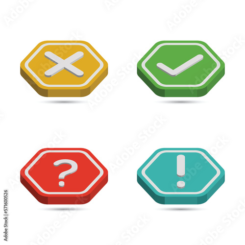 3d collection of buttons with sign done, error, question mark, exclamation point icon button for apps or website symbols