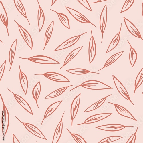 Hand drawn seamless pattern with brown terracotta leaves on beige background. Minimalist small nature floral foliage print  botanical boho bohemian design  elegant branch nature art.