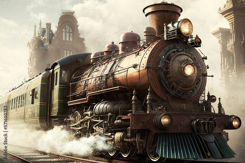 Naklejka premium Steampunk train speeding through city, ai