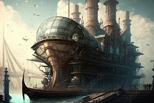 Steampunk dock, ships, city harbor, graphic illustration, ai
