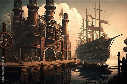 Steampunk dock, ships, city harbor, graphic illustration, ai