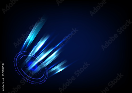 ..Business and technology concept. The glowing tech circle with light rays on blue background. The digital innovation product and cyberspace. Magic circle teleport podium