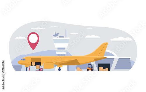 The concept of loading or unloading by workers of a cargo plane in the terminal. Vector illustration.