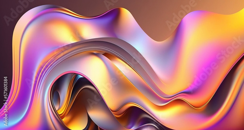 Abstract 3D Fluid Wave. Iridescent holographic neon in Motion. Colorful background wallpaper. 3D Render. Pink and Yellow. Generative AI.