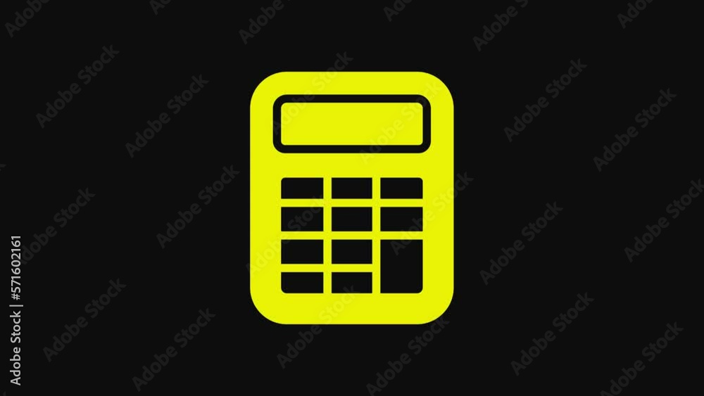 Yellow Calculator icon isolated on black background. Accounting symbol. Business calculations mathematics education and finance. 4K Video motion graphic animation Yellow Calculator icon isolated on black background. Accounting symbol. Business calculations mathematics education and finance. 4K Video motion graphic animation