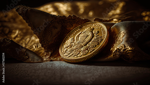 macro photograph captures every exquisite detail of the gold coin, AI generated.