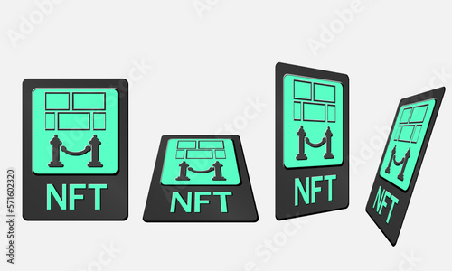 3D token NFT cards in crypto artwork. NFT card with art in perspective, top view in isometric and frontal view. Non-fungible token with information from the blockchain. ERC20. Vector