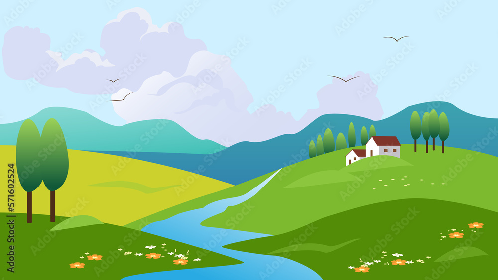 spring wallpaper with a rural scene with trees, houses, clouds and mountains