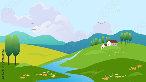 spring wallpaper with a rural scene with trees  houses  clouds and mountains