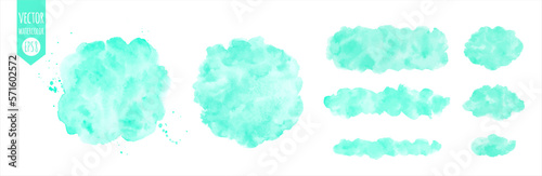 Mint green watercolor vector backgrounds, frames set. Uneven circle, round, rectangle hapes, brush stroke, stripe, spot. Watercolour stains, splashes. Painted hand drawn aquarelle graphic elements