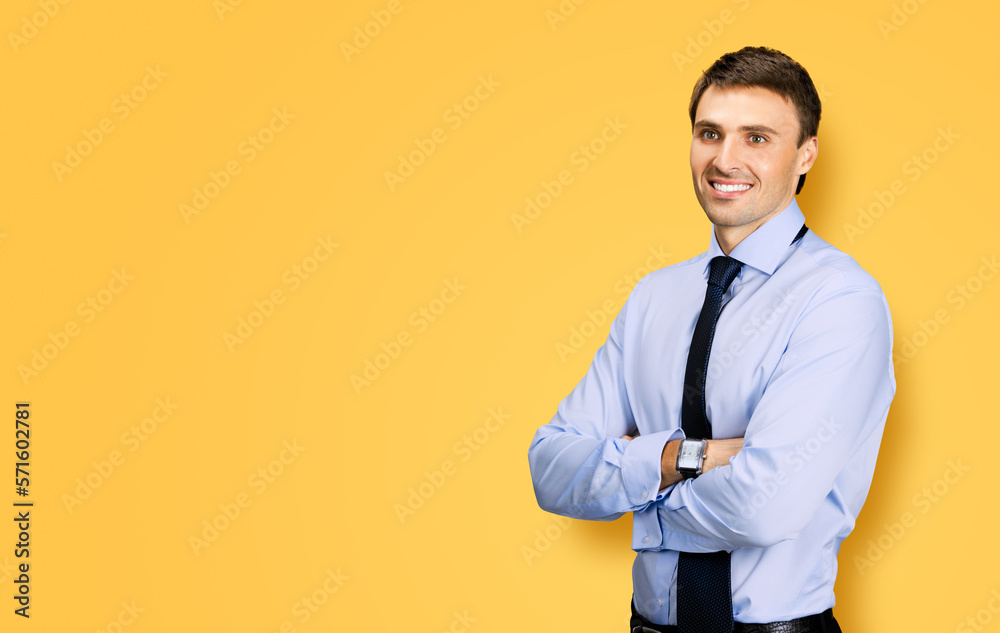 Portrait image - smiling business man in confident cloth, necktie, tie look outside, isolated on orange yellow background. Businessman, bank account manager, layer, real estate sales agent Portrait image - smiling business man in confident cloth, necktie, tie look outside, isolated on orange yellow background. Businessman, bank account manager, layer, real estate sales agent