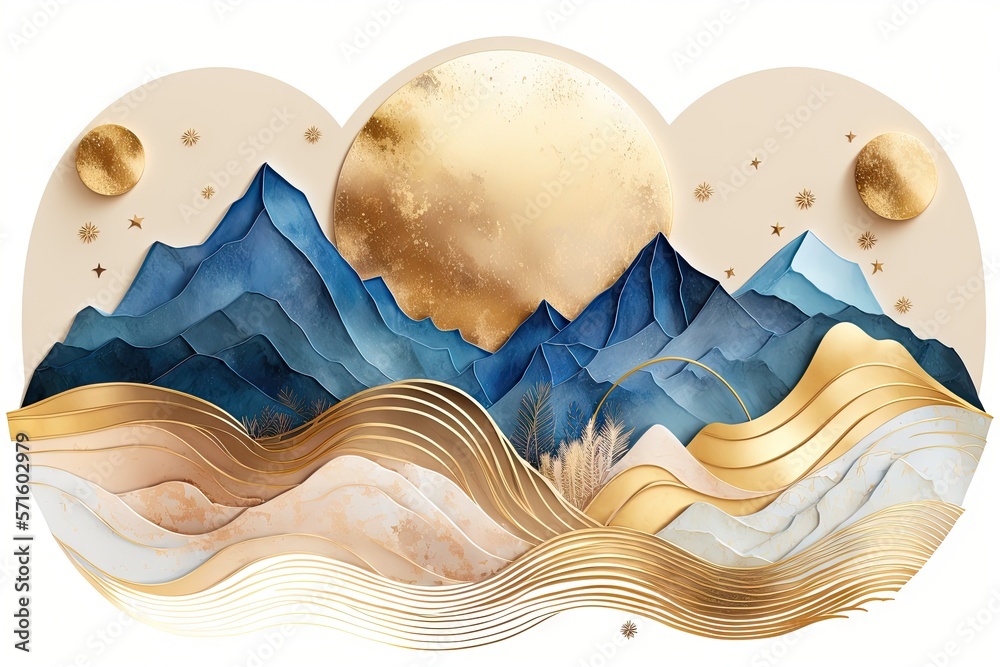 background of a majestic abstract mountain. Blue and gold watercolor wallpaper with wavy gold lines, hills, and the moon. For banners, covers, wall art, home decor, and invitations, luxury in rose gol - obrazy, fototapety, plakaty 