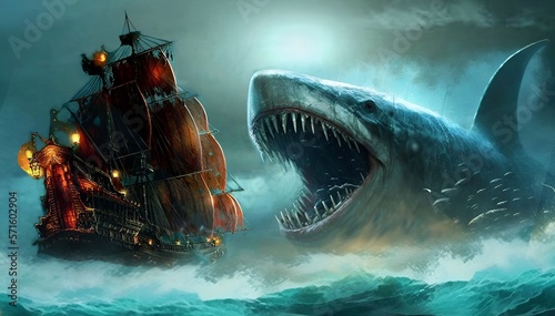 Fotografia A Gory Painting of a Shark Feasting on a Pirate Boat in the Maelstrom of Armaged