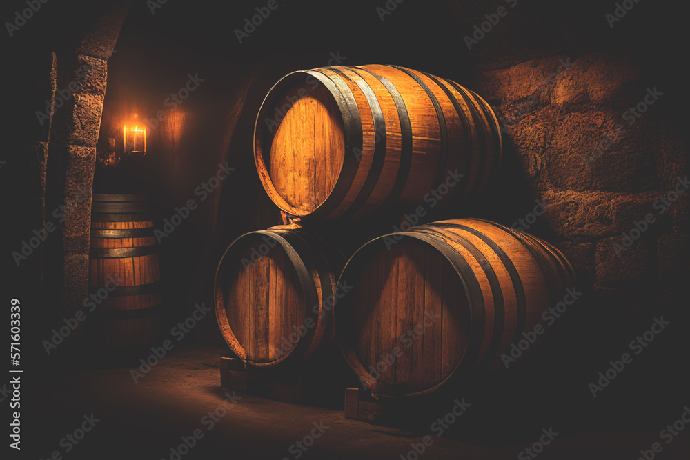 Wine barrels in a old wine cellar. Grape barrels in wine storage. Wooden oak barrels with