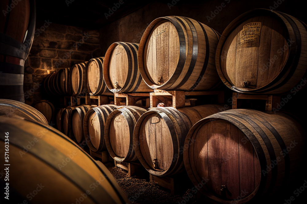 Wine barrels in a old wine cellar. Grape barrels in wine storage. Wooden oak barrels with whiskey in storage. Vintage Wine in an old barrel. Storage of whiskey . Barrel storage of rum. Wine barrels in a old wine cellar. Grape barrels in wine storage. Wooden oak barrels with whiskey in storage. Vintage Wine in an old barrel. Storage of whiskey . Barrel storage of rum.