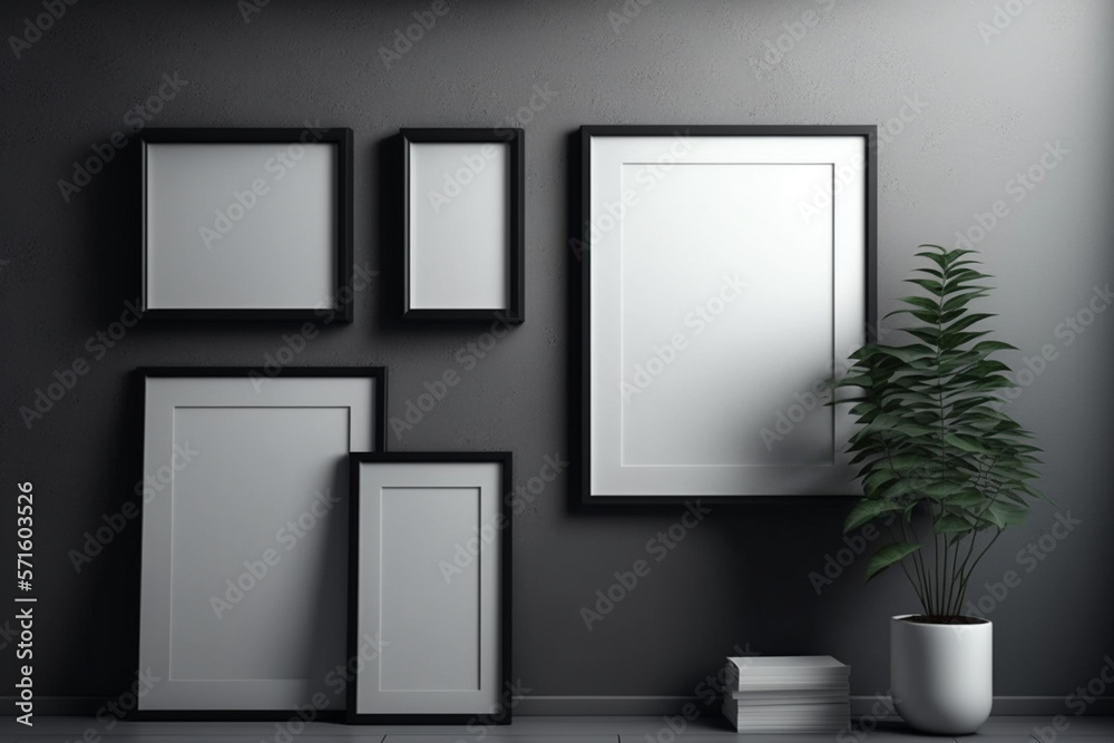 Blank black frames on Grey Wall in living room. Template for Design