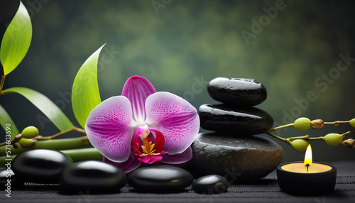 Spa still life with zen stones  orchid and bamboo  Generative AI