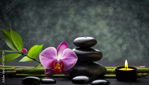 Spa still life with zen stones  orchid and bamboo  Generative AI