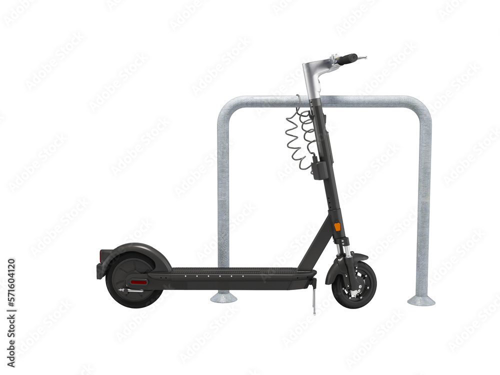 3D illustration of modern electric scooter in parking lot with lock side view on white background no shadow 3D illustration of modern electric scooter in parking lot with lock side view on white background no shadow