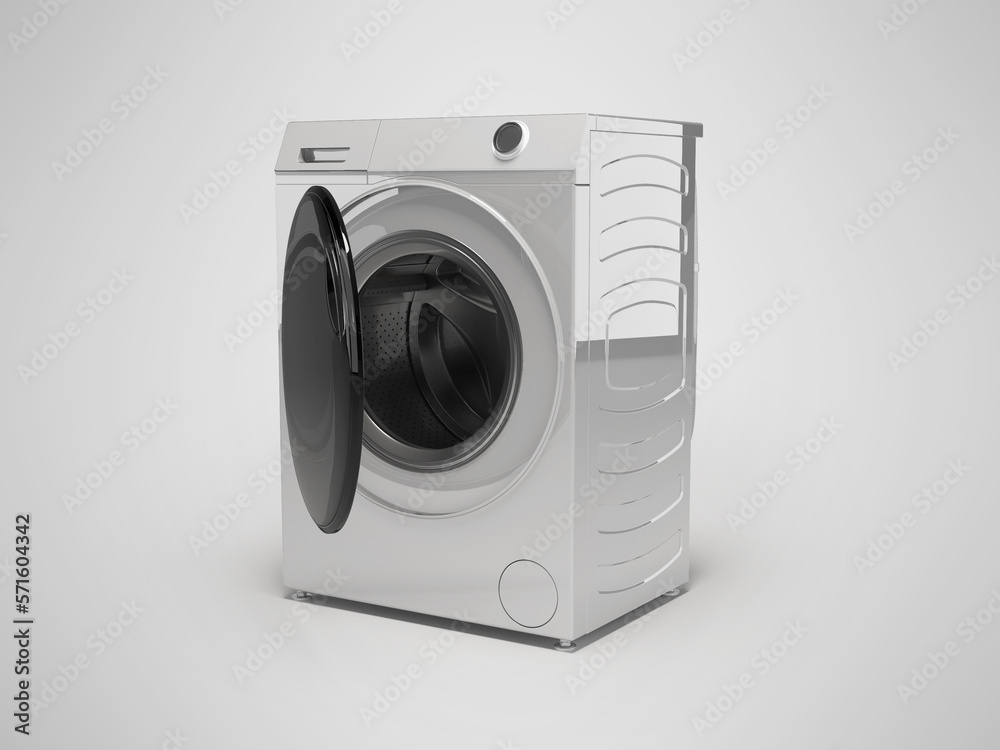 3D illustration of washing machine machine for washing things open on gray background with shadow