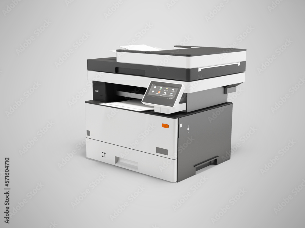 3d illustration of universal printer scanner with display for selecting programs on gray background with shadow 3d illustration of universal printer scanner with display for selecting programs on gray background with shadow