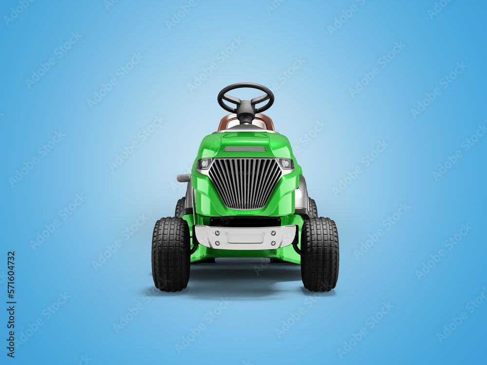3d illustration modern garden mini tractor lawnmower with grass container front view on blue background with shadow 3d illustration modern garden mini tractor lawnmower with grass container front view on blue background with shadow