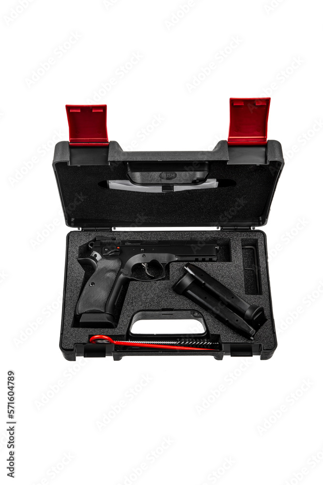 Modern semi-automatic pistol. A short-barreled weapon for self-defense. Arming the police, special units and the army. Weapon in a case for storage and transportation. Isolate on a white back.