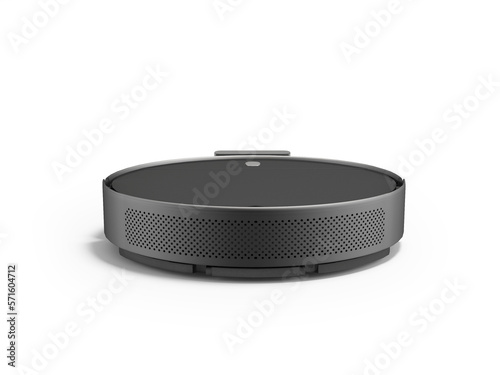 3D illustration of black slim robot vacuum cleaner for wet cleaning on white background with shadow