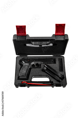Modern semi-automatic pistol. A short-barreled weapon for self-defense. Arming the police, special units and the army. Weapon in a case for storage and transportation. Isolate on a white back.
