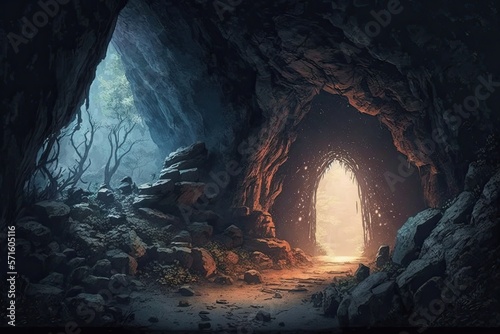 Illustration of the entrance of a cave in the forest - Created with generative ai