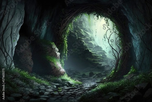 Illustration of the entrance of a cave in the forest - Created with generative ai
