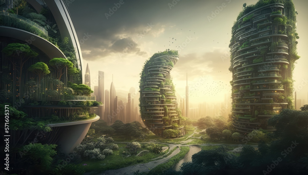 Eco-Friendly Futuristic Cityscape with Skyscrapers, Parks and Greenery ...