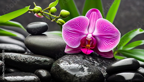 Spa still life with zen stones  orchid and bamboo  Generative AI