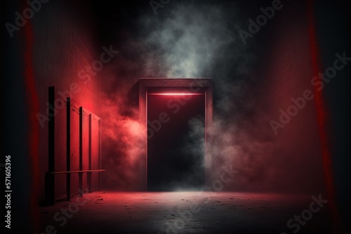 The dark stage shows, dark red background, an empty dark scene, neon light, and spotlights The concrete floor and studio room with smoke float up the interior texture for display products