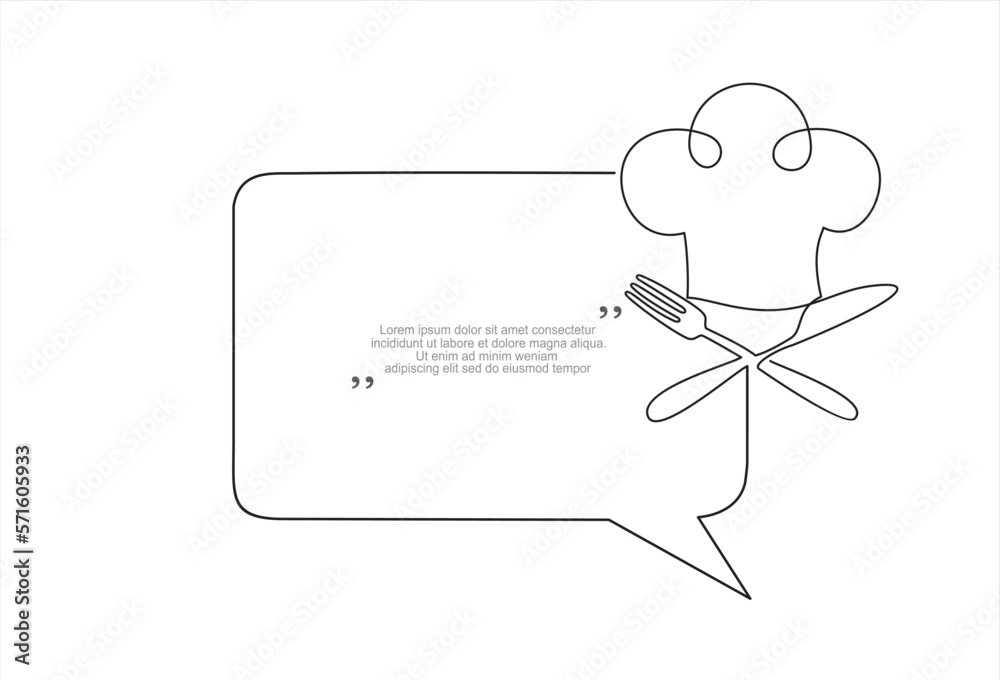 Continuous one line drawing of chef hat or cap with fork, spoon, knife and speech bubble. Trendy line art vector on a white background. Vector illustration. Continuous one line drawing of chef hat or cap with fork, spoon, knife and speech bubble. Trendy line art vector on a white background. Vector illustration.