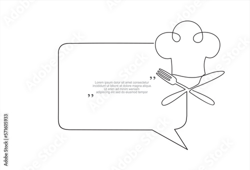 Continuous one line drawing of chef hat or cap with fork, spoon, knife and speech bubble. Trendy line art vector on a white background. Vector illustration.