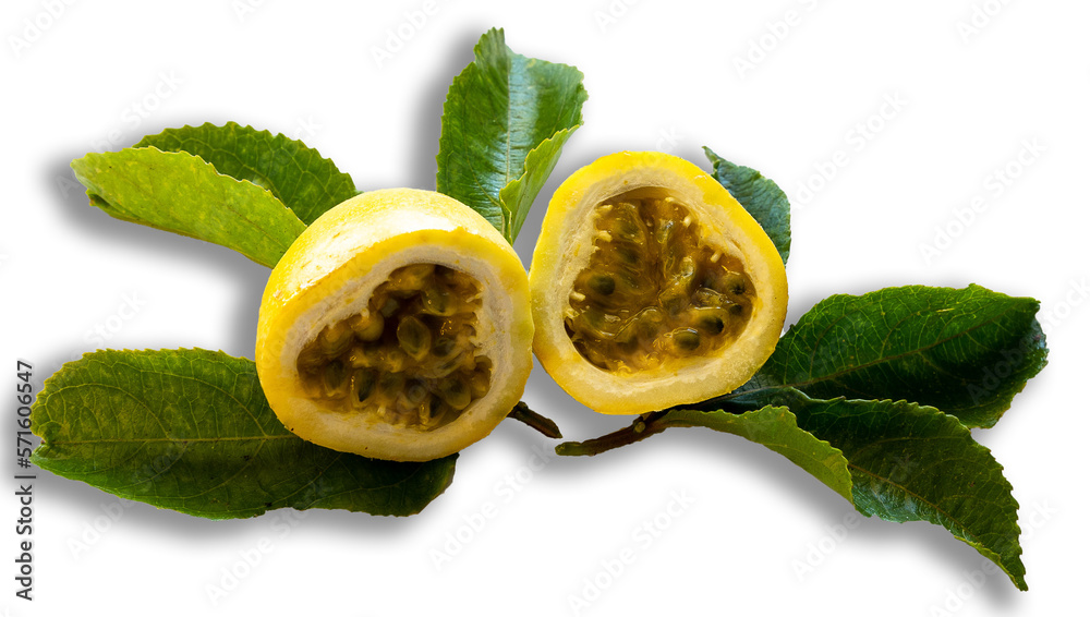 Two halved yellow passionfruit (granadillas) showing seeds