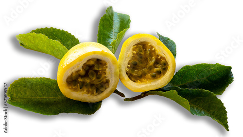 Two halved yellow passionfruit (granadillas) showing seeds