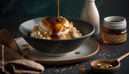  a bowl of ice cream with caramel drizzled on top of it and a spoon next to a bottle of honey syrup.  generative ai