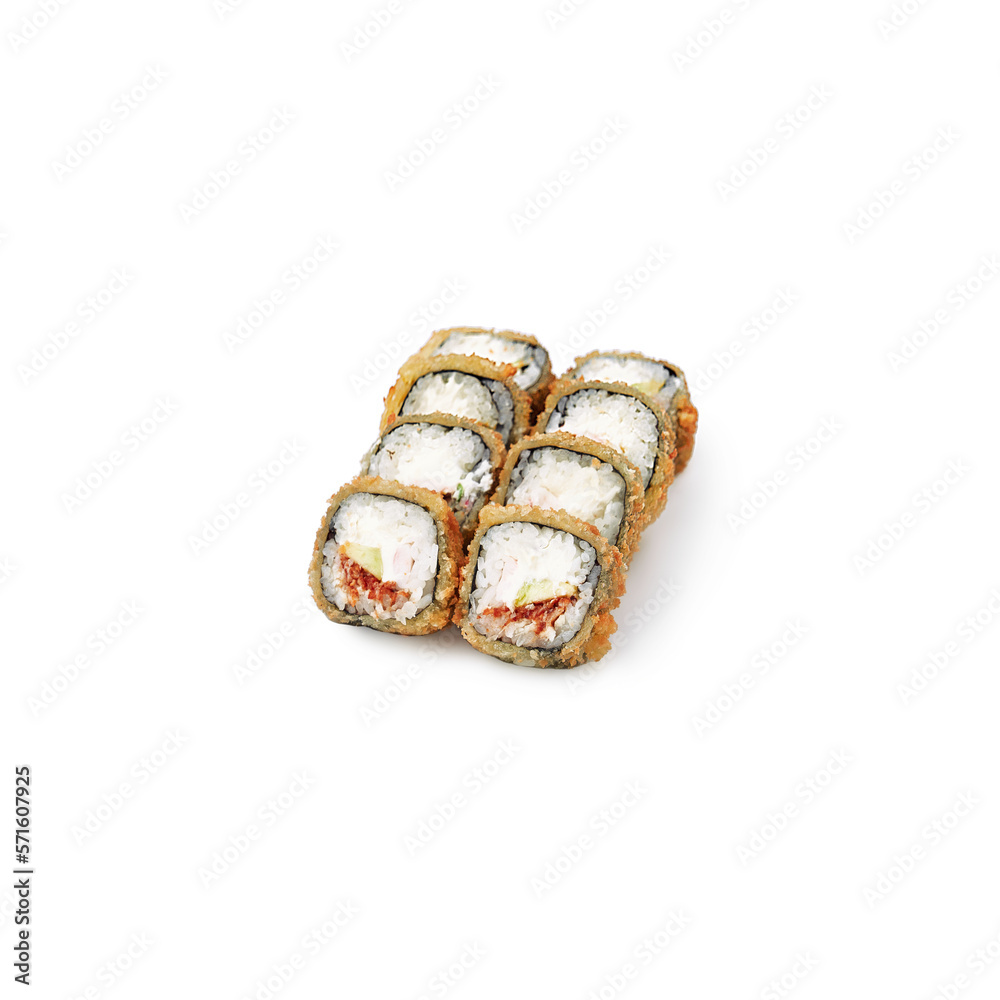 The set of 8 tempura sushi rolls Tokyo in Tempuralon a white background isolated The set of 8 tempura sushi rolls Tokyo in Tempuralon a white background isolated