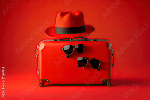 Suitcase with hat and sunglasses on red background © rufous