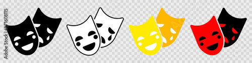 Theatrical masks icon set. Comedy and tragedy theatrical masks icons. Masquerade masks. Vector illustration isolated on transparent background.
