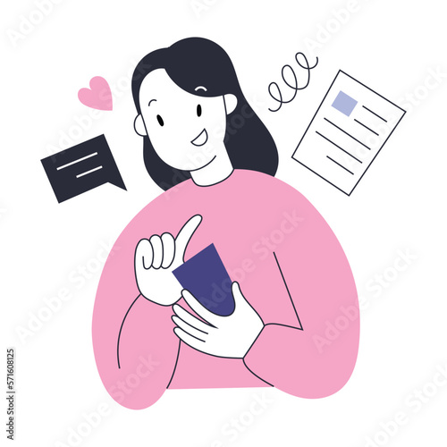 Young woman reads news on her smartphone, writes comments, reacts on social media post with smiling facial expression, flat vector illustration isolated on white background