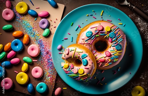 A plate of lemon-glazed donuts with colorful sprinkles created using generative AI